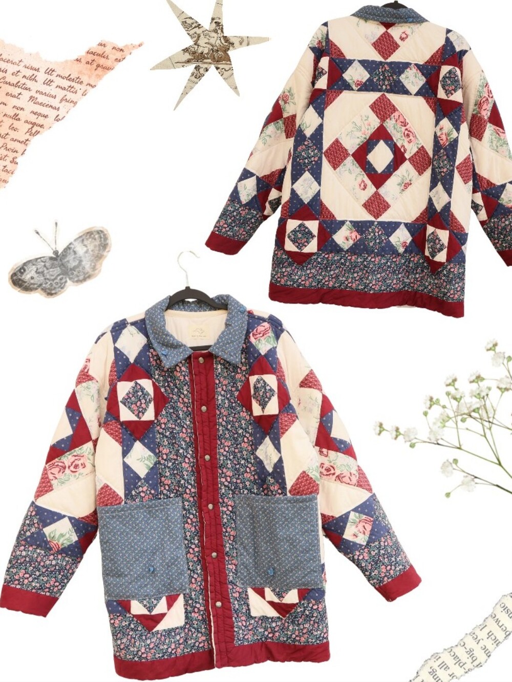 Upcycled Patchwork Quilt Jacket in Navy & Burgundy L • XL